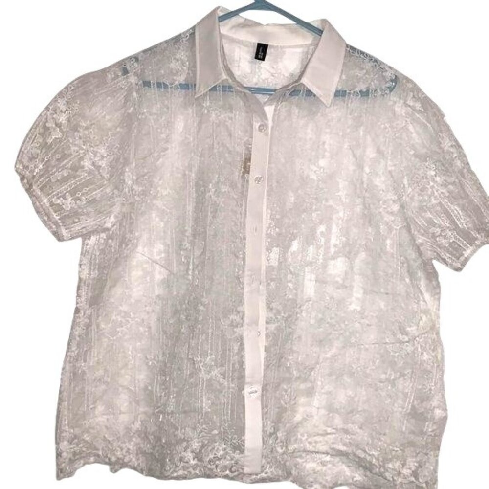 White Lace Short-Sleeve Button-Up Blouse US 18 2XL By Bloom Chic